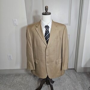 Chaps Mens 44R 100% Silk Blazer Tan Herringbone Sport Coat 3 Button